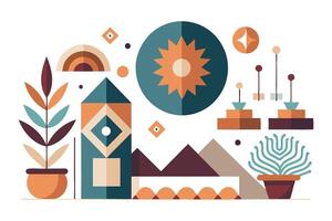 Geometric Flat Design with Rainbow Sun, Plants, and Mountain Shapes on White vector