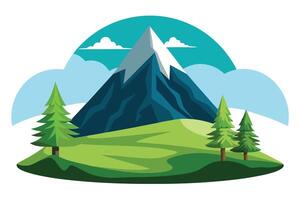 Cartoon Mountain Landscape With Trees, Green Field and Cloudy Sky on White vector