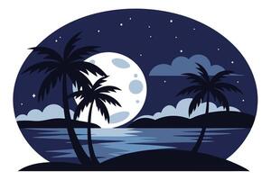 Tropical Night View with Palm Trees, Full Moon, Water, and Starry Sky vector