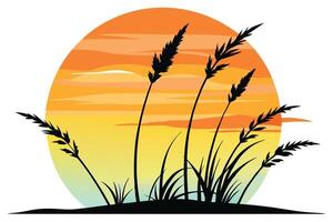 Silhouette of Grass and Plants with Sunset Gradient Background vector