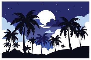Tropical Nightscape with Palm Trees, Clouds, and Full Moon in Silhouette vector