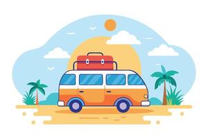 Beach Bus Art with Suitcase, Tropical Palm Trees and Blue Skies vector