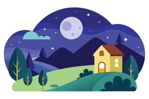 Minimal House Landscape with Moon, Stars, Trees, and Mountains in Flat Cartoon Style vector