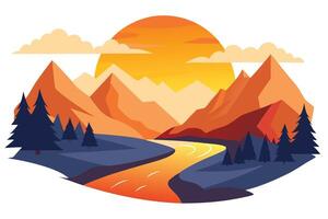 Mountain Landscape with River, Pine Trees, and Sun in Flat Design on White Background vector