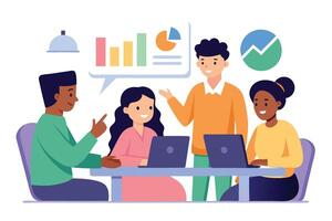 Diverse Team Analyzing Charts on Laptops at Desk with White Background vector