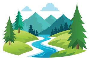 Flat of Mountain Landscape with Evergreen Trees and River on White vector