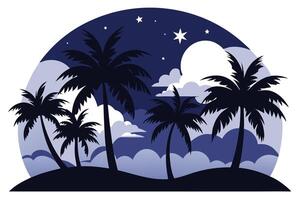 Tropical Palm Trees Silhouette Island with Starry Sky and Moon Isolated vector