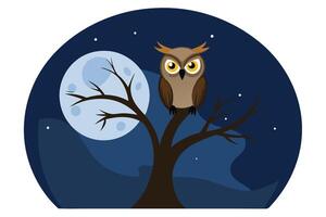 Cartoon Owl Perched on Tree at Night With Moon and Stars in Dark Blue Background vector