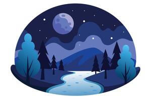 Night Scenery with Moon, River, Trees, and Stars in Blue Color Palette vector