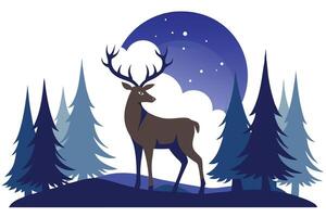 Brown Deer Standing Silhouette on Snowy Field with Blue Spruce Trees and Moon vector