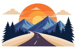 Scenic Landscape with Mountains, Road, Sun, Trees, and Clouds Flat Design Style vector