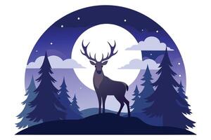 Reindeer Silhouette Against Full Moon Night Sky with Pine Trees vector