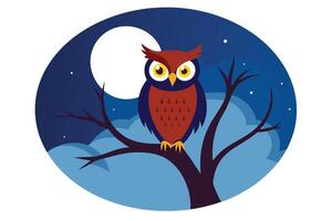 Cartoon Owl on Tree Branch with Moon at Night, Cute vector