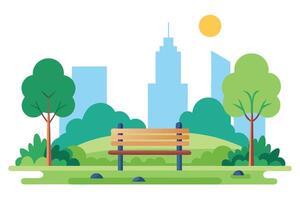 Flat Design Park with Bench, Cityscape Background, Trees and Green Grass vector