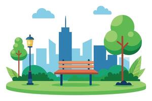 Bench at City Park with Green Trees, Lamppost and Skyline on White Background vector