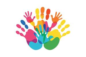 Colorful Handprints Grouped Together on White Background, Unity Symbol, Diverse Group vector