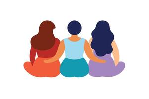 Three diverse women sitting back view in minimalist flat design on white background vector