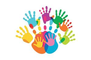 Colorful Handprints Overlapping, White Background, Abstract Design Element, Vibrant Hands vector