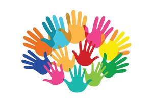 Colorful Diversity Hands Together on White Background, Overlapping Handprints Design vector