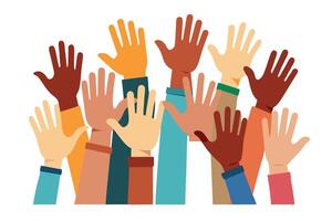 Diverse Raised Hands on White Background, Multicolored Palms, Flat vector