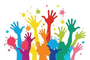 Colorful Hands Raised Up with Paint Splatters on White Background vector
