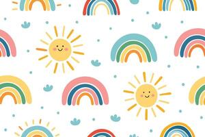 Childish Rainbows and Smiling Suns on White Seamless Pattern Cute Background vector