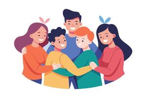 Diverse Group Hugging, Smiling Team, Teamwork Togetherness, White Background vector