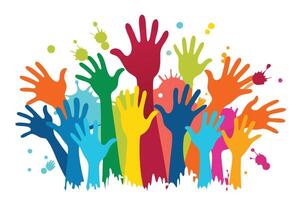 Colorful Raised Hands Crowd With Paint Splatter on a White Background vector