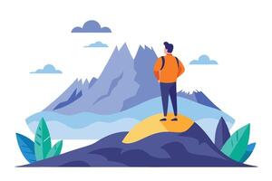 Man with Backpack Standing on Mountain Peak Overlooking Landscape vector