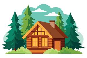 Cartoon Log Cabin with Pine Trees and Clouds, Wood Home in Nature vector