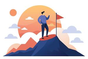 Man Silhouette Standing Victorious Atop Mountain Peak with Red Flag and Sunset vector