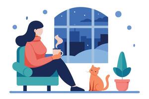 Faceless Woman Relaxing with Cat and Coffee near Window on Stylish Teal Chair vector