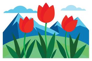 Red Tulips with Mountain Backdrop Flat Design Style Nature Inspired vector