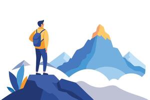 Young man with backpack stands on a cliff looking at mountains view vector