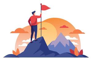 Man on Peak Holding Flag with Mountain Background Flat Design vector