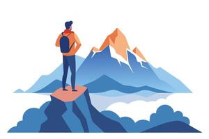 Man with Backpack Admiring Mountain Scenery on White Background, Flat Design vector