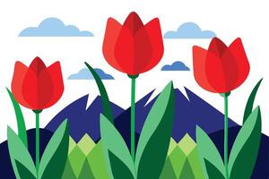 Stylized Red Tulips and Blue Mountains with Clouds on White Background Design vector