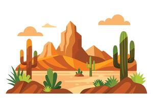 Desert Landscape with Cacti and Mountains on a Transparent Background vector