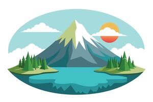 Mountain Landscape with Lake, Pine Trees, Clouds, and Rising Sun Flat Design vector