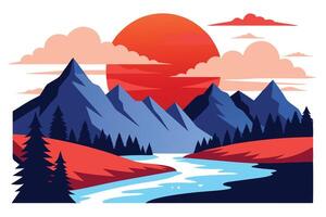 Landscape with Mountains, River, Pine Trees, Clouds and Sunset vector