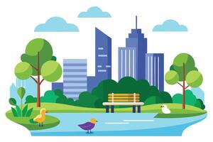 Serene Park View With City Skyline, Trees, Bench, Ducks, Water, Flat Design Style vector