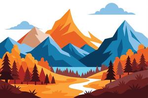 Vivid Mountain Landscape with Trees, Clouds, and Stream on a White Background vector