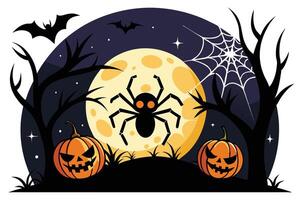 Halloween Spooky Spider, Moon, JackoLanterns, Bats and Bare Trees in Night vector