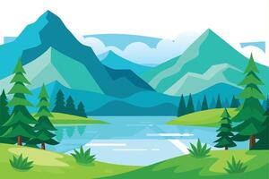 Flat Mountain Lake Landscape with Evergreen Trees and Reflection in Turquoise Waters vector