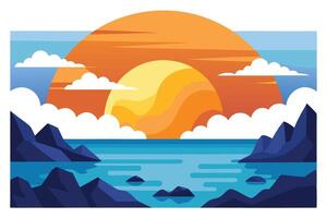 Scenic Lake with Mountains at Sunset Flat Style, Sky Clouds and Water vector