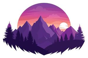 Circular Purple Silhouette Mountain Range View with Evergreen Trees and Cloudy Sunset vector