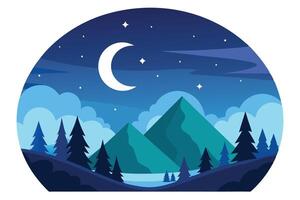Landscape with Mountains Moon Stars and Trees in Oval Shape vector