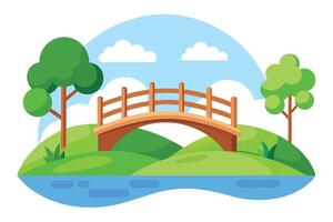 Serene Landscape with Wooden Bridge, Green Hills, Blue River, and Clouds in Sky vector