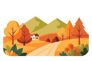 Scenic Autumn Landscape with Winding Road, Mountain Backdrop, White Background, Trees vector