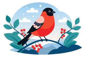 Bullfinch Bird Sitting on Branch with Berries and Sky in Stylish Flat Design vector